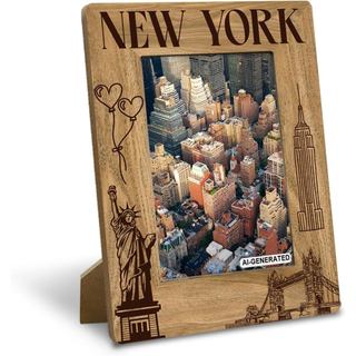 Porta-retratos com Imagem de Marcos Turísticos de Nova York 4x6 Polegadas - Moldura de Madeira Rústica com a Estátua da 
