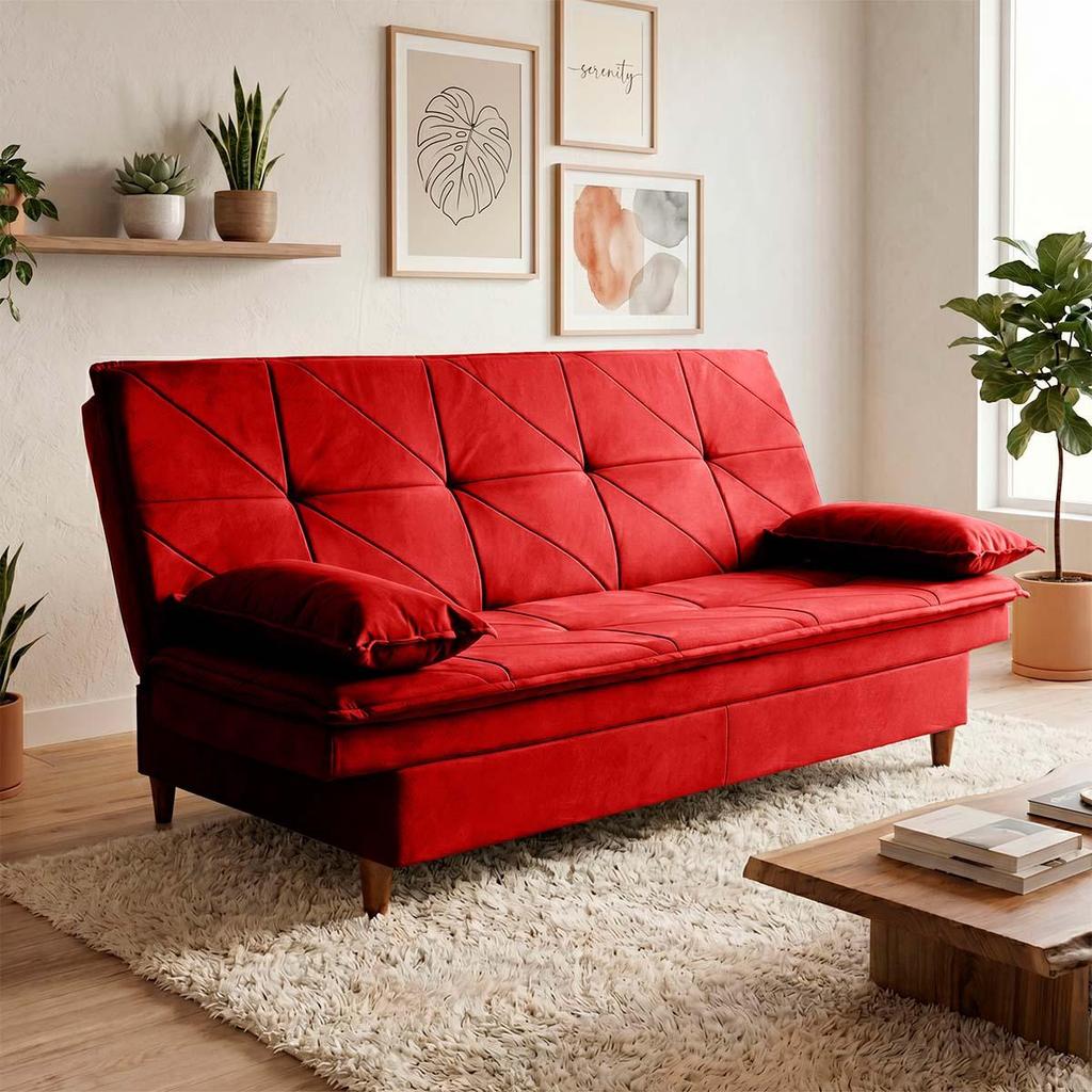 Sofá Cama Pérsia 3 Lugares Suede Velut Vermelho - King House