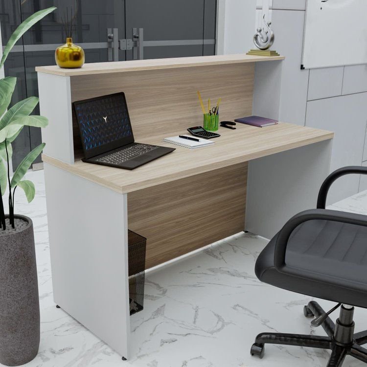 Balcão Atendimento Recepção Consultório 120x60cm Bege/Carvalho/Branco Carvalho/Branco