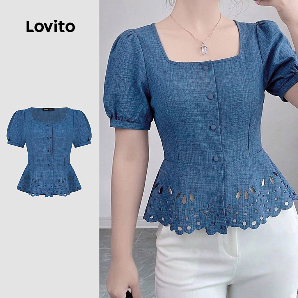 Lovito Blusa Casual Feminina Azul de Primavera/verão com Bordado de Ilhós e Botões frontais L195ED129