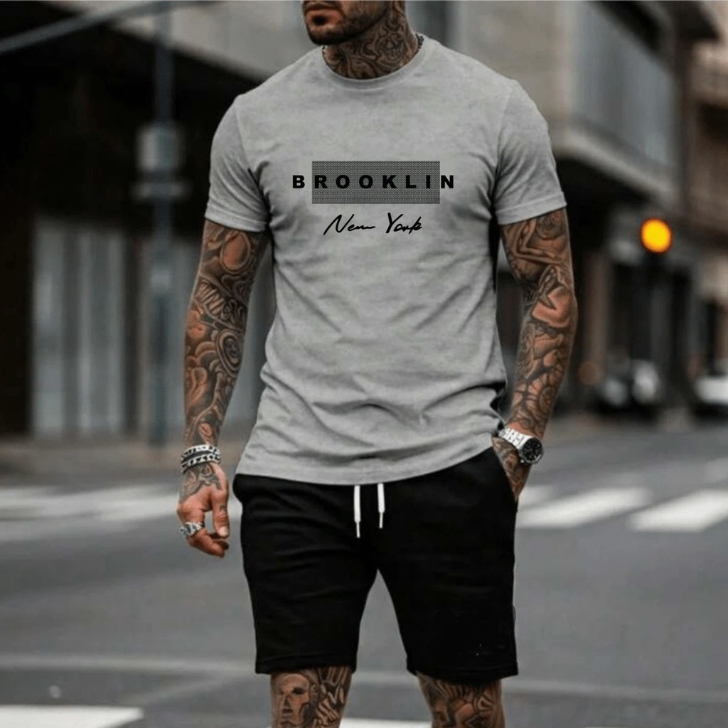 Conjunto Masculino Camiseta Bermuda Moletom Brooklyn Bolsos Confortavel Esportivo CB006