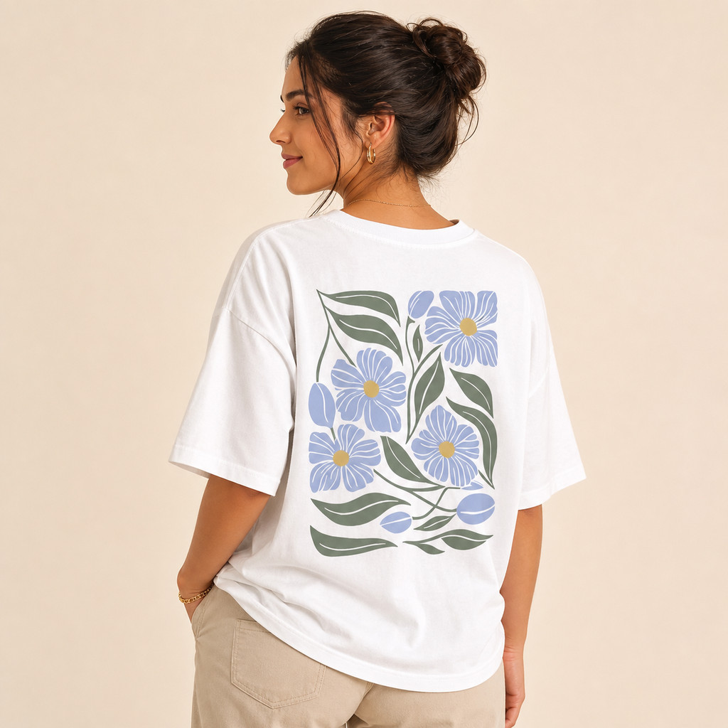 Camiseta Feminina Floral Azul Tropical 100% Algodão Confortável Moda Verão Estilosa Versátil