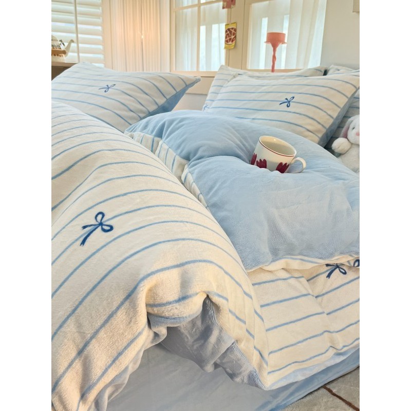 Inverno engrossado leite veludo duplo conjunto de quatro peças novo estilo velo Coral flanela lençol colcha capa estudan