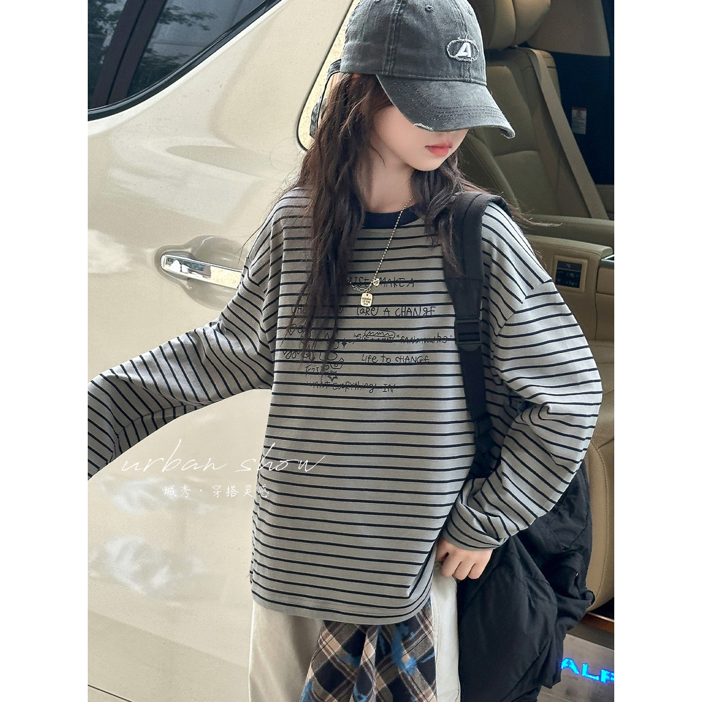 Meninas de manga comprida camiseta primavera outono estilo 2026 novo estilo crianças estilo coreano moda listrado camisa