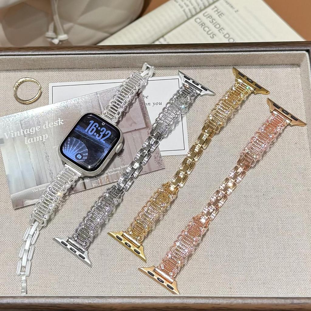 Luxo Completo Bling Strass Tecido Metal Pulseira De Relógio Para Apple Watch Sér