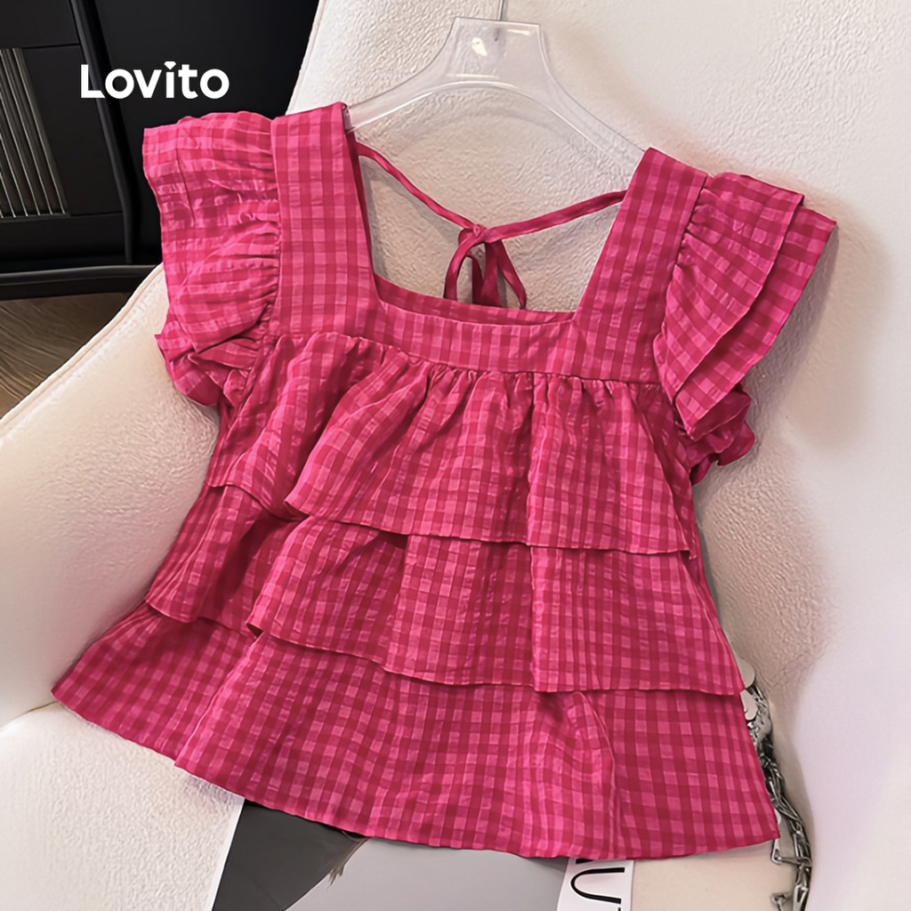 Lovito Casual Blusa Com Camadas E Amarração Nas Costas Blusa Vermelha Rosa Para Primavera/verão Para Mulheres L137ED818 · foto 2