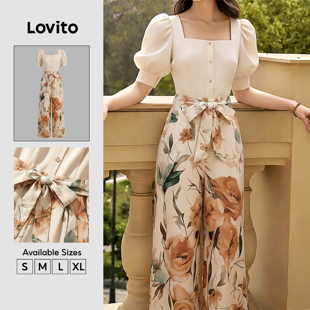 (New Arrival) Lovito Macacão Casual Floral De Manga Curta Para Primavera E Verão