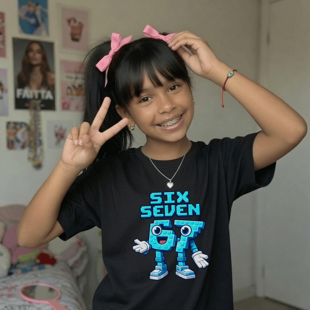 Camiseta Infantil Estampada Six Seven azul 100% Básica Manga Curta Unissex Masculina e Feminino Básica