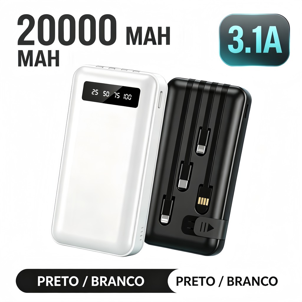 Carregador Portátil Power Bank 20000mAh com 4 Cabos Integrados, Compatível com Todos os Celulares