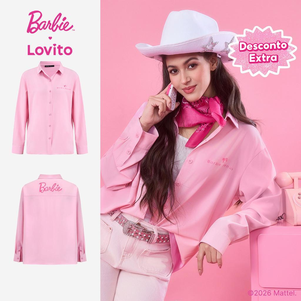 Barbie™ X Lovito Bordado Blusa Casual Primavera/verão Blusa Rosa para mulheres L