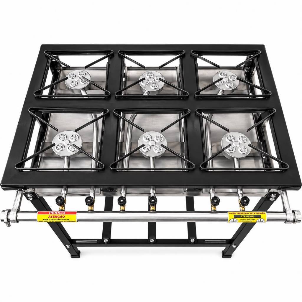 Fogão 6 Bocas Semi Industrial Alta Pressão Grelha Aço Carbono 20x20 + Kit Instalação