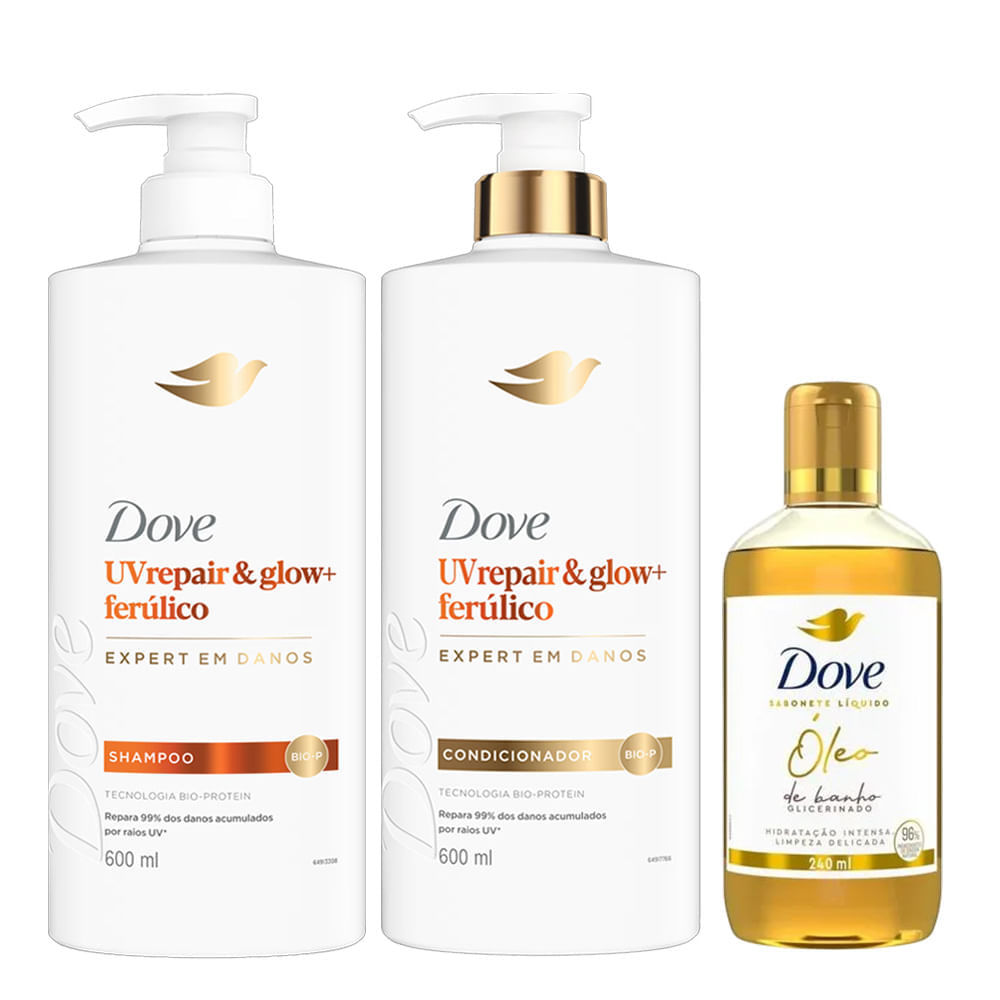 Kit Dove Shampoo e Condicionador 600ml Uv Repair & Glow e Ferúlico + Óleo de Banho 240ml