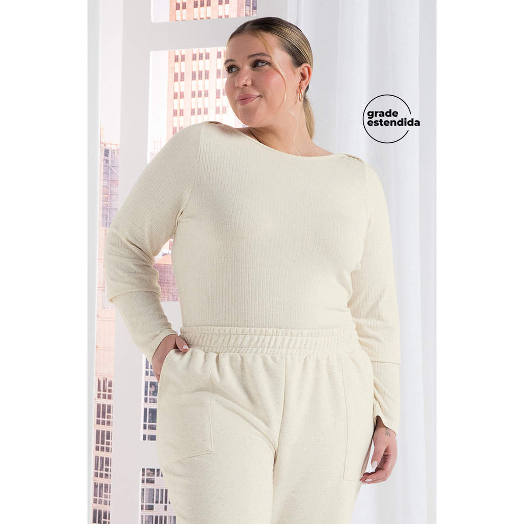 Blusa Feminina Comfy Manga Longa Canelada Marialícia Bege