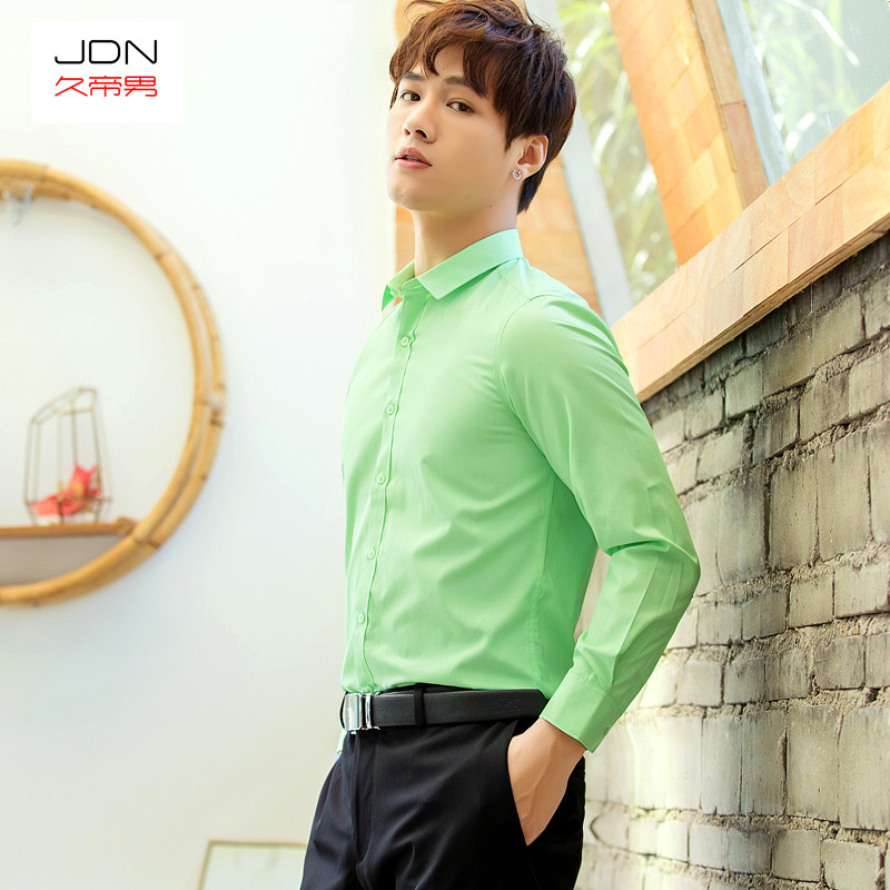 Primavera camisa masculina versão coreana bonito sarja camisa masculina de manga comprida cor sólida magro-ajuste Formal