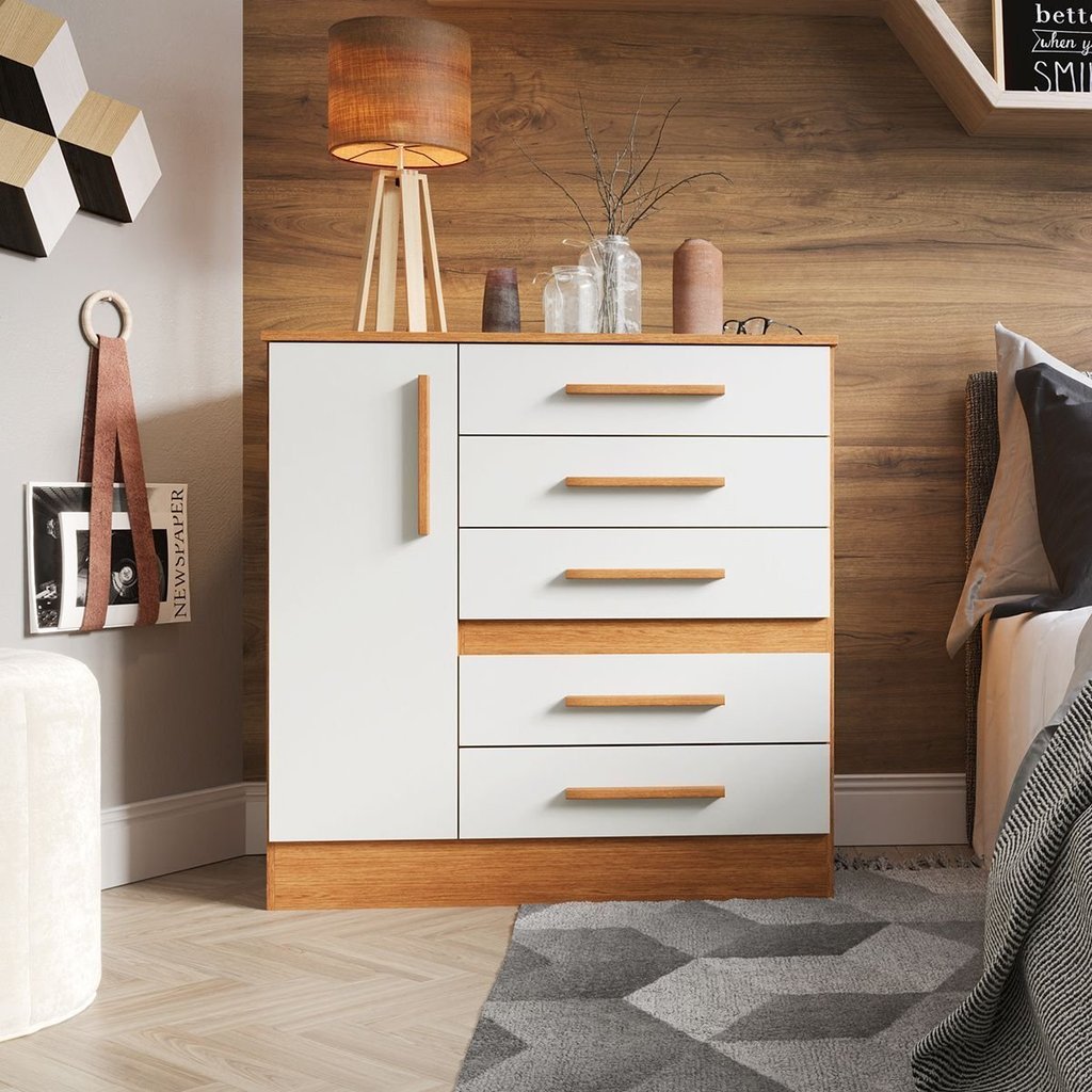 Cômoda para Quarto 1 Porta 5 Gavetas Advantage Marrom/Freijó/Off-White Freijó/Off White