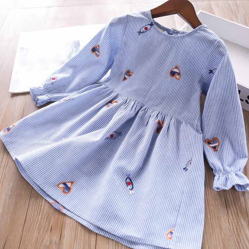 Meninas listrado amor flor bordado vestido primavera novo estilo comércio exterior crianças bebê puro algodão de manga c