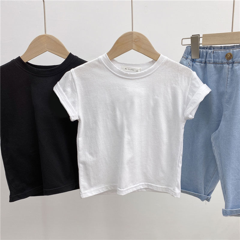 Meninos meninas puro algodão manga curta camiseta 2025 verão em torno do pescoço preto branco cor sólida crianças meia m