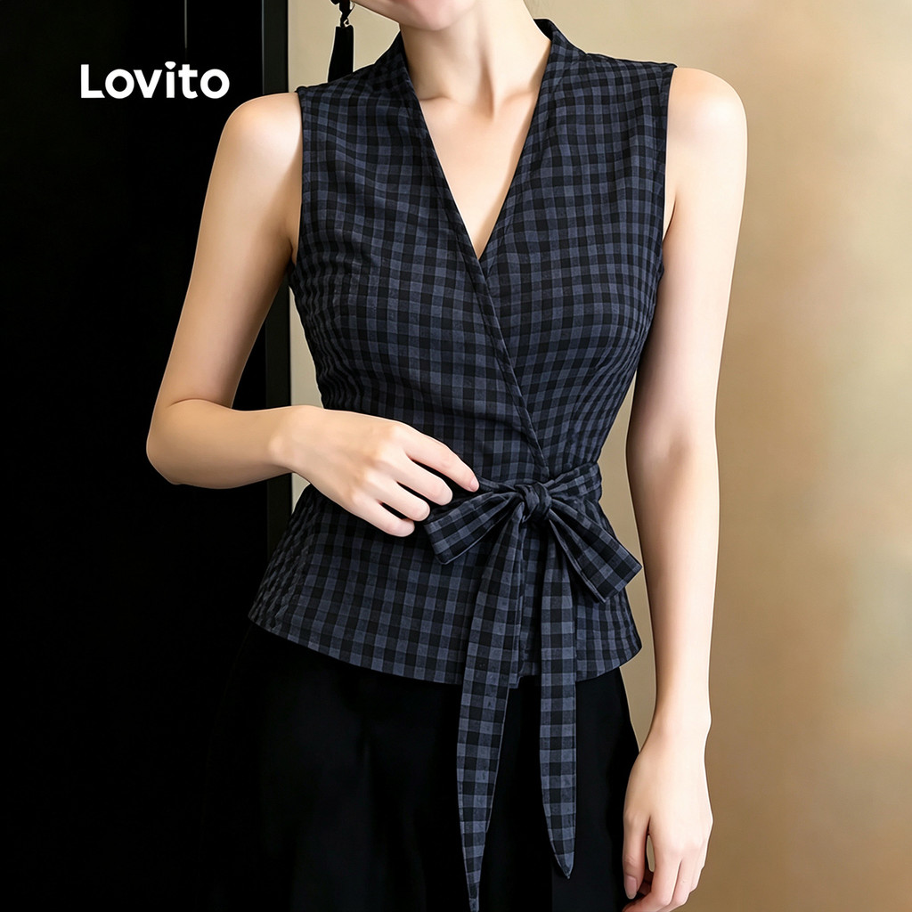 Lovito Elegante Blusa Sem Mangas Gola V Azul Marinho Xadrez Nó Frontal Envelope Primavera Verão Trabalho Para Mulheres TKB202P2D499 — imagem 2 de 2