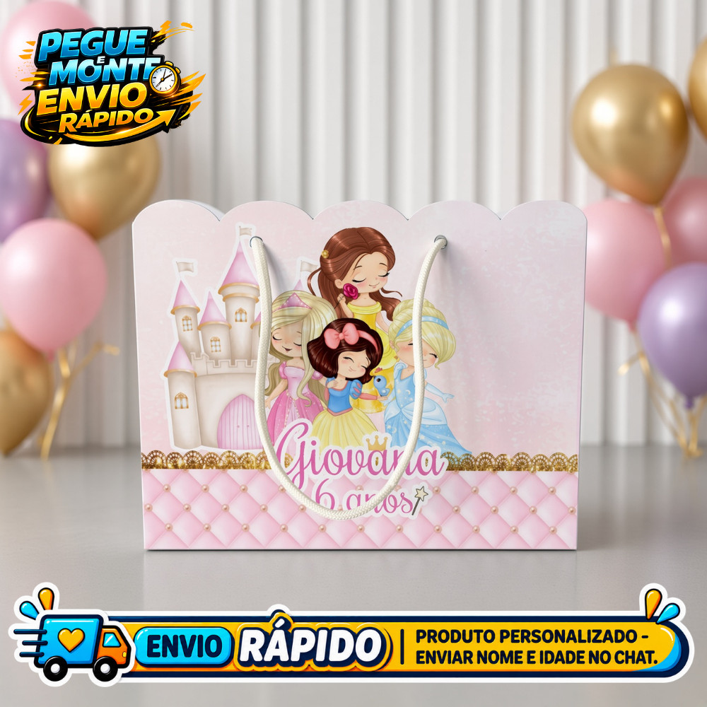 Sacolinha Personalizada Princesas Aquarela  Lembrancinha de Festa Infantil Aniversário Sacola Surpresa