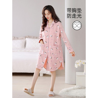 Camisola com almofada no peito feminina primavera outono puro algodão manga comprida vestido de pijama outono 2026 novo 
