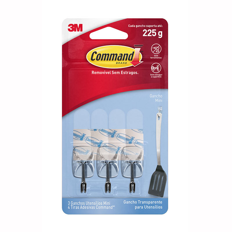 Gancho adesivo para utensílios Command mini Transparente 3 unidades 3M