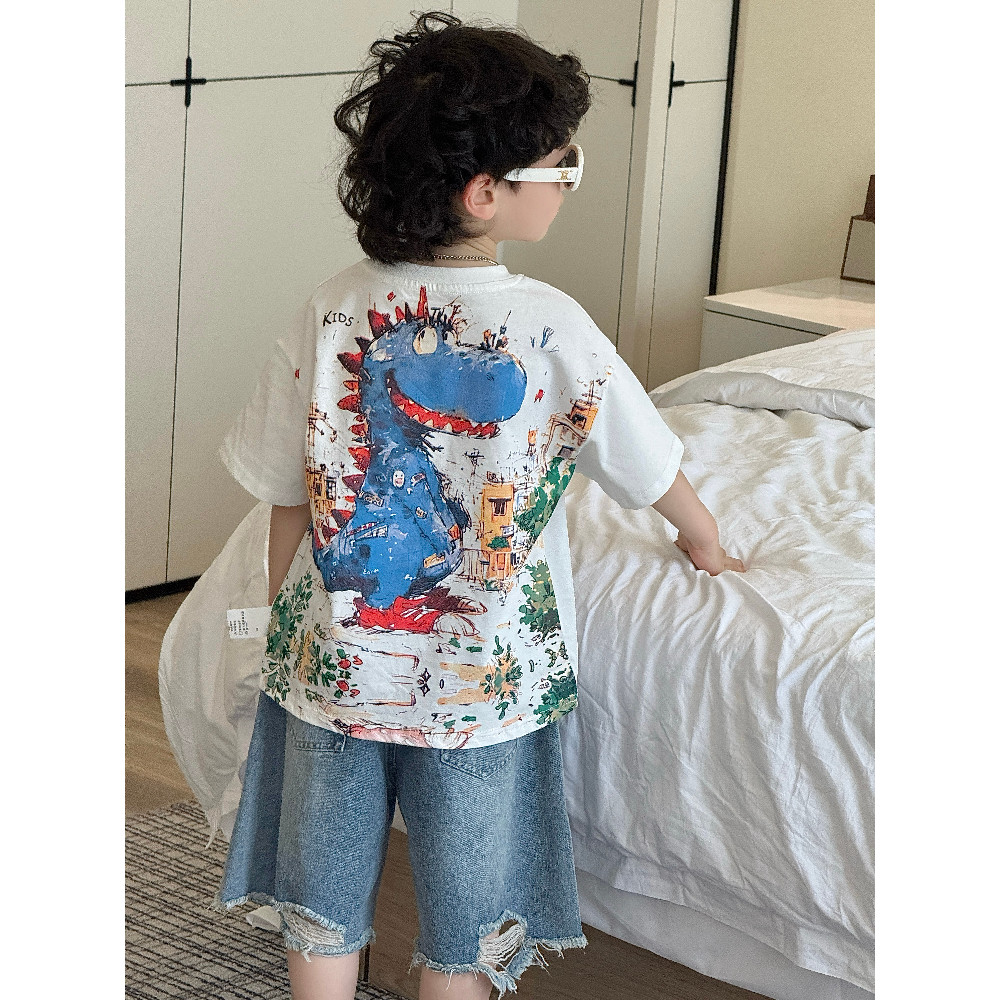 Meninos dinossauro camiseta 2026 verão novo estilo crianças menino dos desenhos animados bonito puro algodão topo verão 