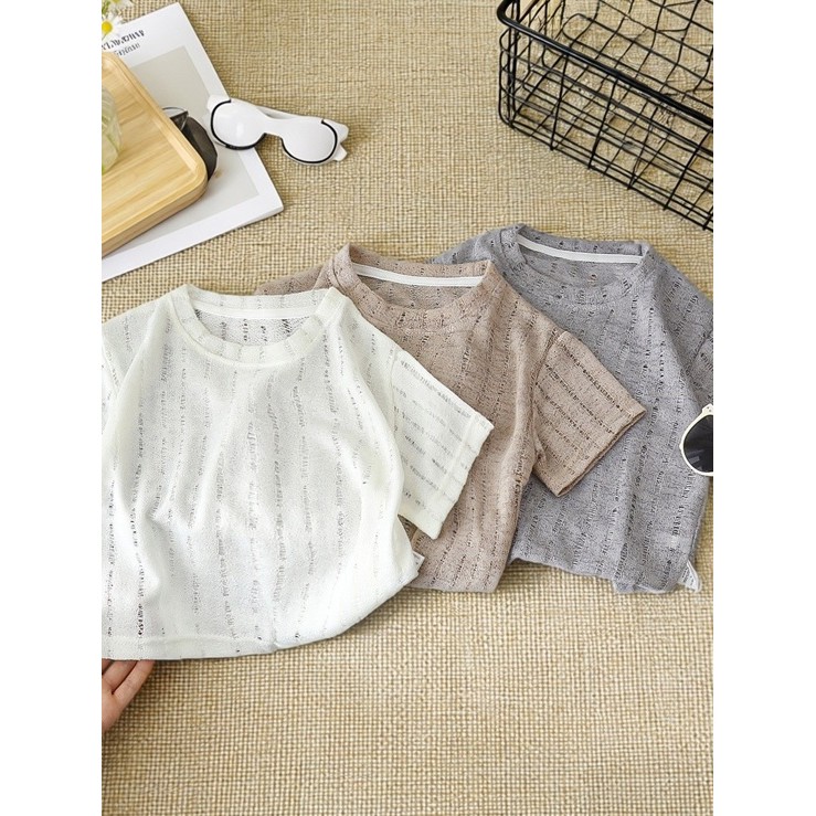 Crianças verão oco malha de manga curta camiseta meninos meninas estilo fino respirável coreano Casual topos roupas de v