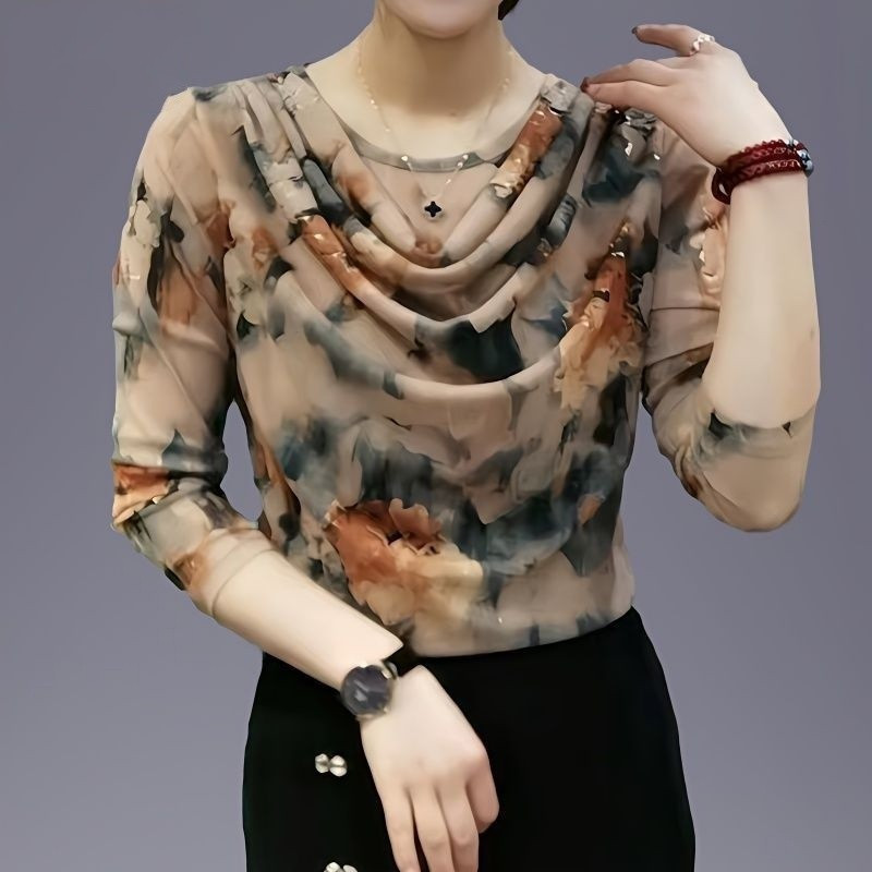 Camiseta feminina de manga comprida estampada, gola redonda, para primavera e outono, tamanhos L-4XL NDWT