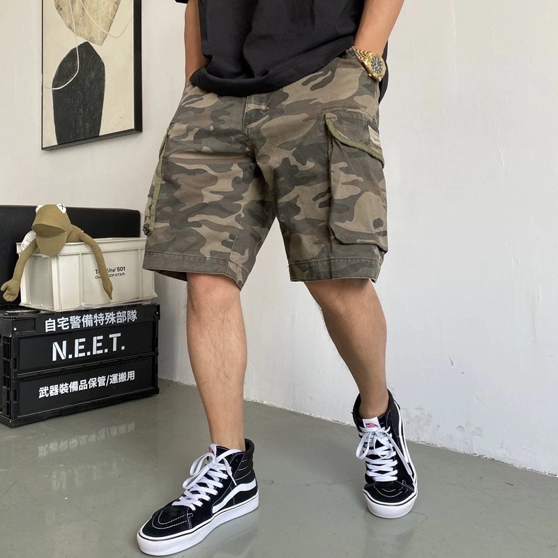 Americano Retro camuflagem macacão Shorts masculino verão esportes solto Multi-bolso Casual resistente ao desgaste resis