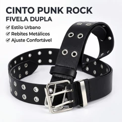Cinto Punk Rock Unissex Dupla Fivela com Rebites Ajustável Estilo Streetwear Preto