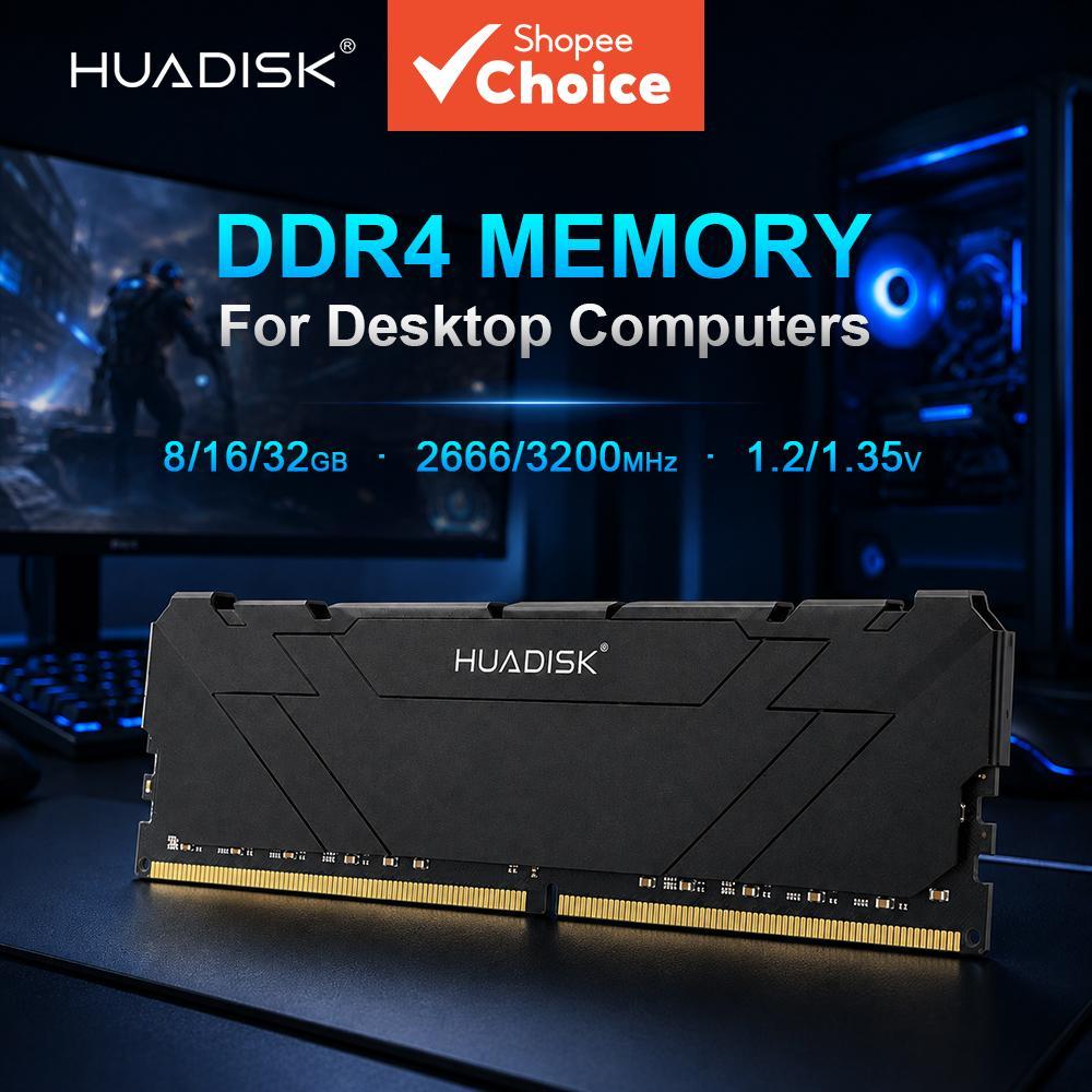 HUADISK DDR4 Memória de Desktop 8 GB 16 GB 32 GB 2666 MHz 3200 MHz UDIMM com dissipador de calor 288 pinos compatível