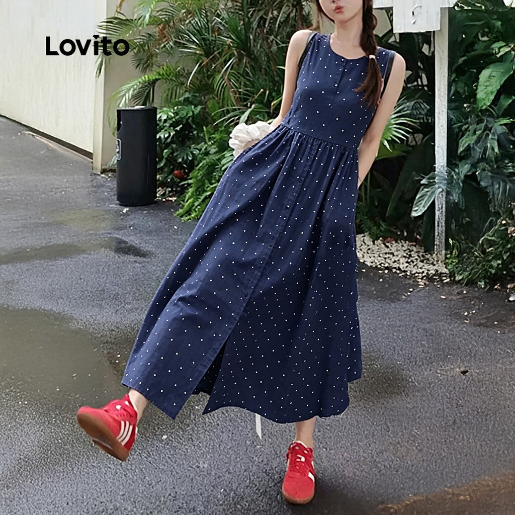 Lovito Vestido Casual Azulmarinho para Mulheres Simples com Botões primavera/verão DRK8TD122 · foto 2