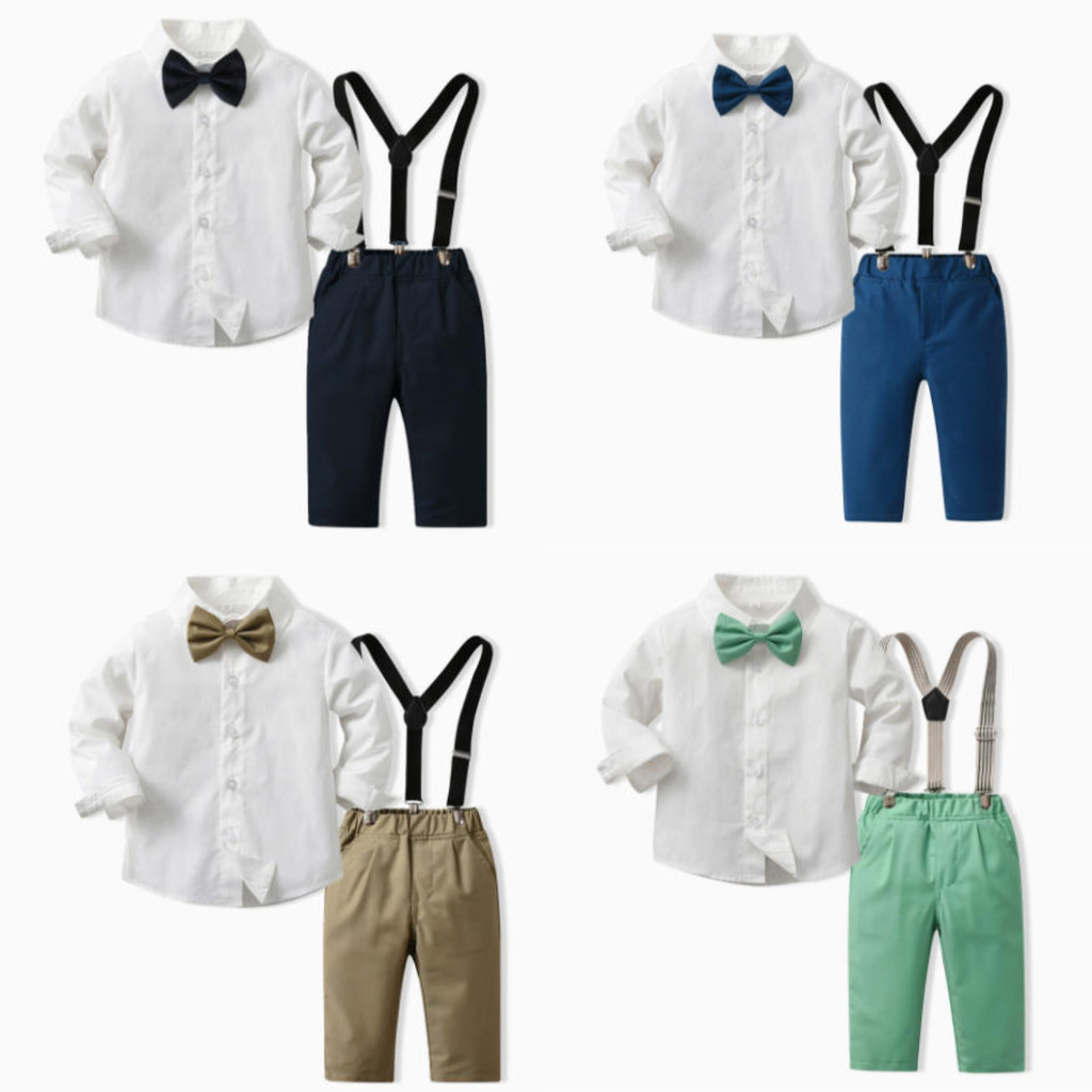 Roupa De Cavalheiro Smoking Para Crianças Menino 1-12 Anos Camisa Branca Suspensórios Calças Gravata Borboleta Conjunto 