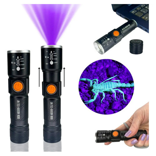 Kit 2 Lanterna de LED Potente Luz Negra Ultravioleta UV Detector de Escorpião Recarregável USB Alumínio Preto