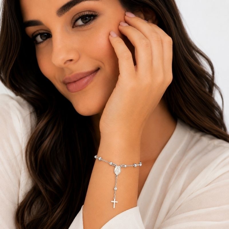 Pulseira Terço Nossa Senhora Aparecida Feminina Cruz Folheada Ouro Prata