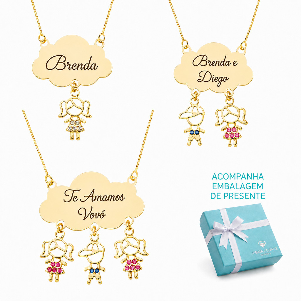 Colar Nuvem Personalizado Filhos Nomes Banhado Ouro 18K