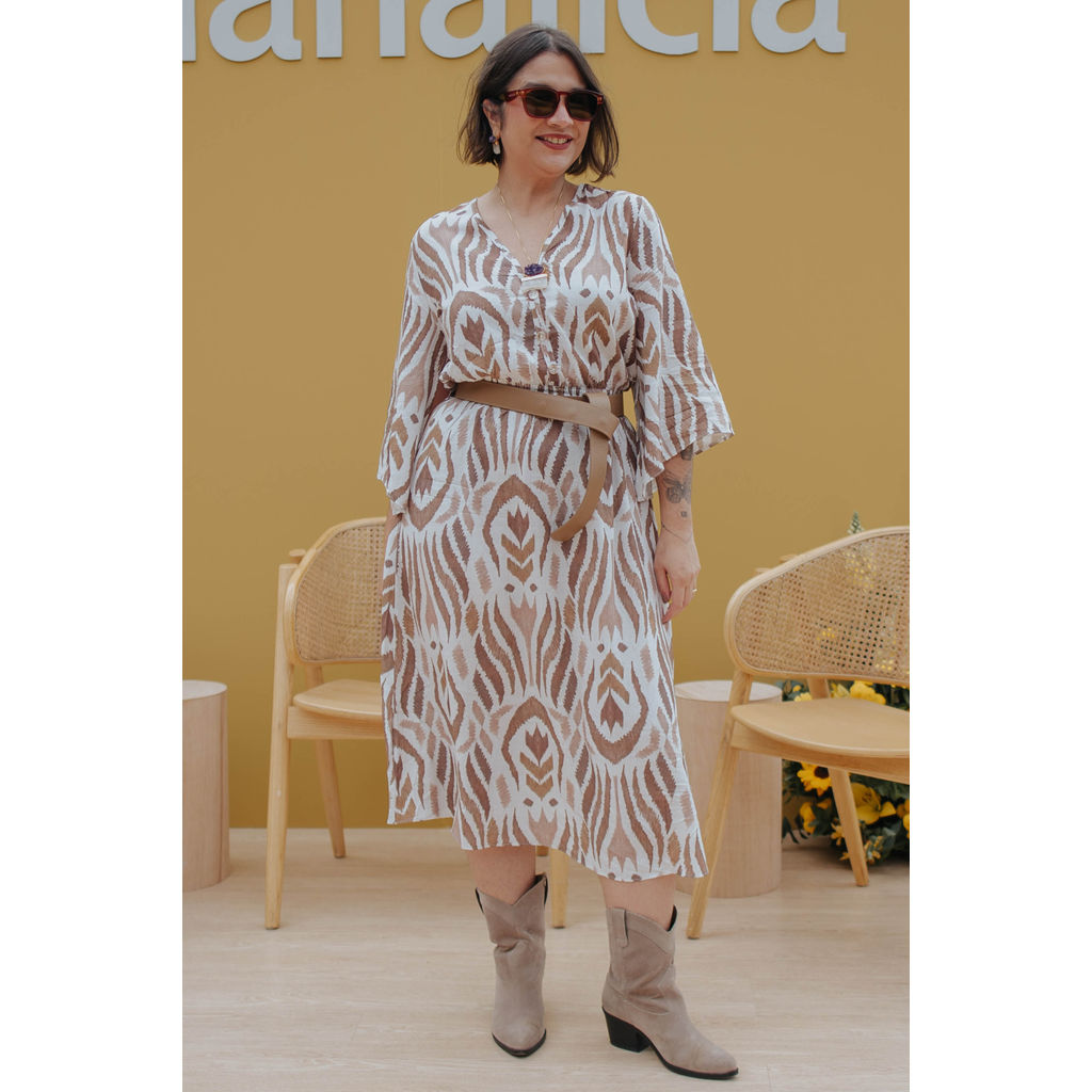 Vestido Midi Feminino Manga Ampla Marialícia Bege