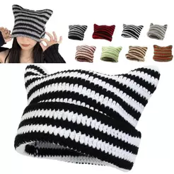 MIBEAUTY Ins Chapéu Listrado Do Pequeno Diabo , Gorro Japonês Gótico Punk Y2K Harajuku , Orelhas De Gato Fofas