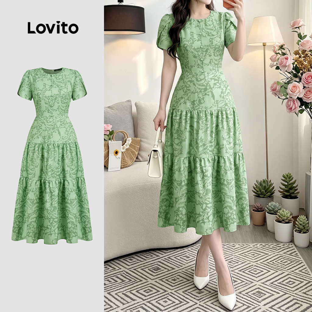 Lovito Vestido Elegante Plissado Primavera/verão Verde para Mulheres DRK8P1D725