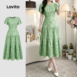 Lovito Vestido Elegante Plissado Primavera/verão Verde para Mulheres DRK8P1D725