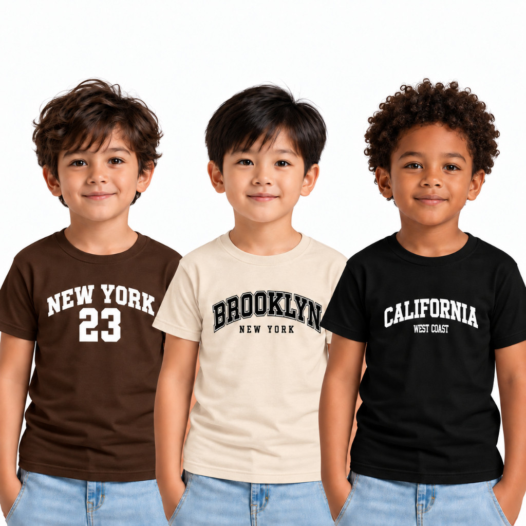 Kit 3 Camisetas Infantil Masculina Menino Manga Curta Estampadas New York Brooklyn California