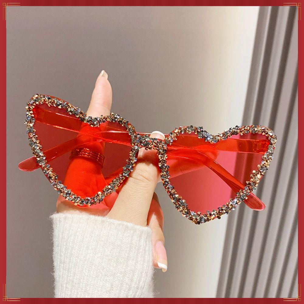 Óculos De Sol Em Formato De Coração , Cores Doces Para Uso Externo Festa Com Decoração De Strass