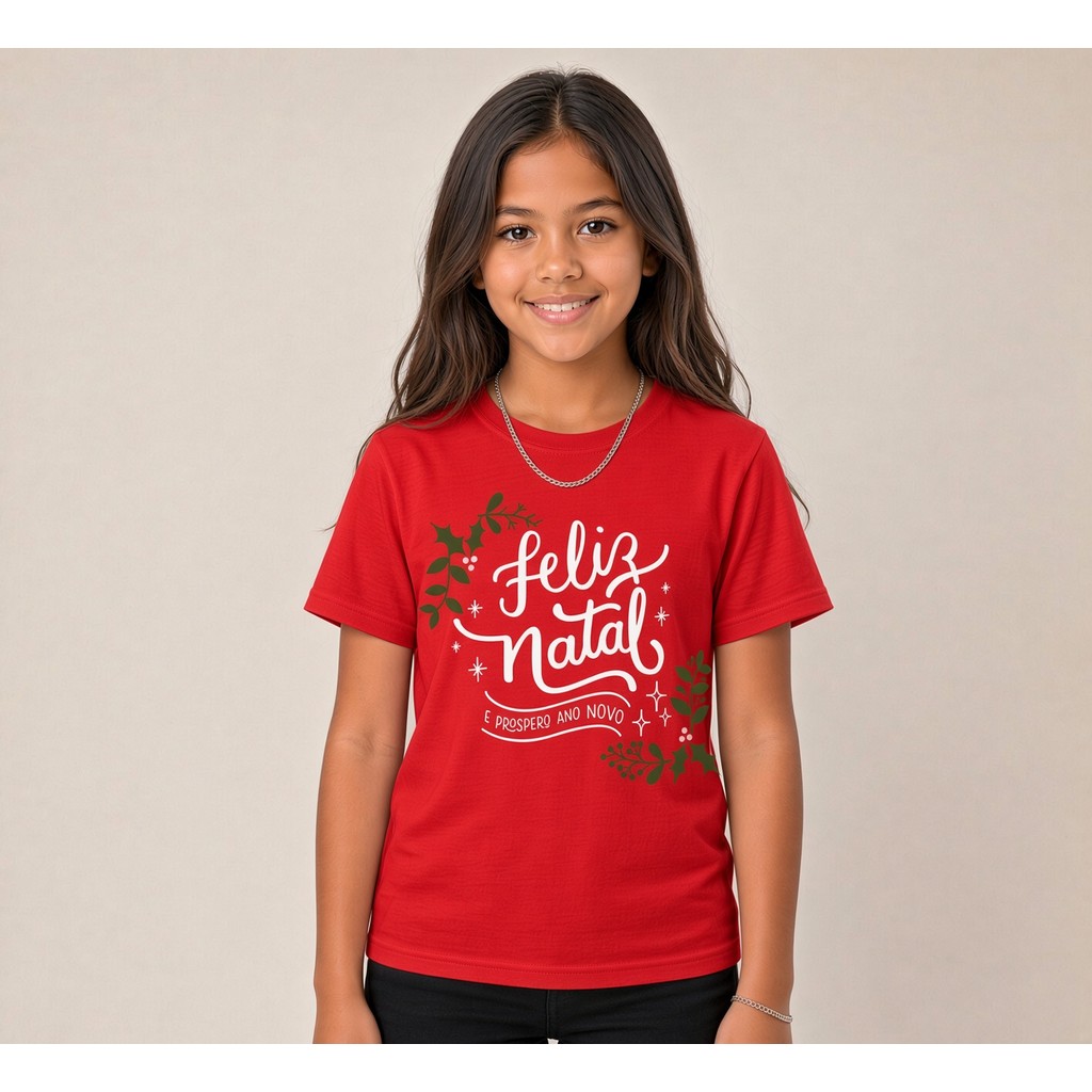 Camiseta Infantil Estampada Feliz Natal e Prospero Ano Novo Criança Menina 100% Básica Manga Curta Unissex e Feminino