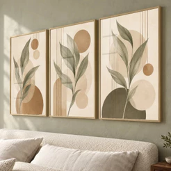 Kit 3 Quadros Folhagem Abstrato Clean Bege Moderno