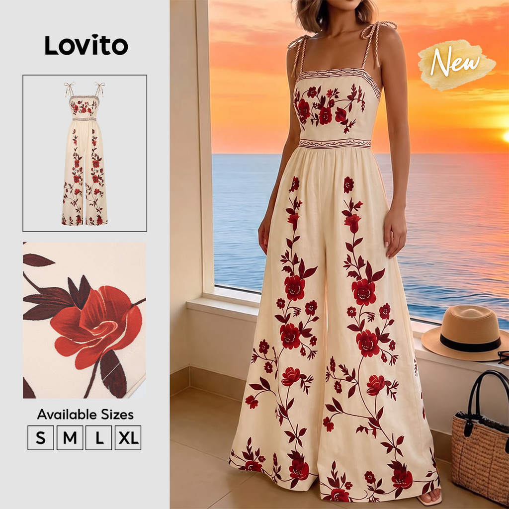 (New Arrival) Lovito Macacão Casual Elegante Floral Sem Mangas Com Amarração Para Primavera/Verão E Trabalho Fim De Semana Para Mulheres JRK9BR016