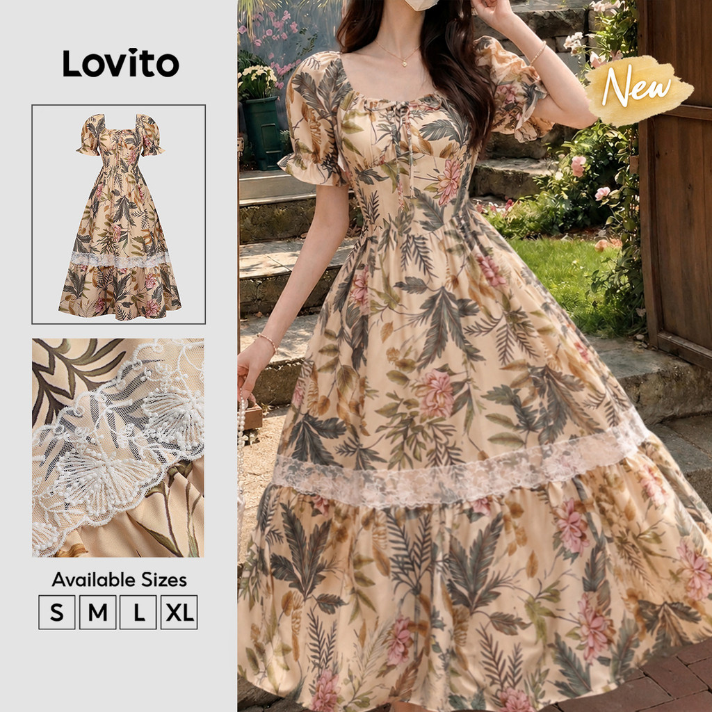 (New Arrival) Lovito Vestido Casual Boho Floral Com Renda E Zíper Longo Em Linha A Primavera Verão Férias Fim De Semana Para Mulheres DRK9BR203