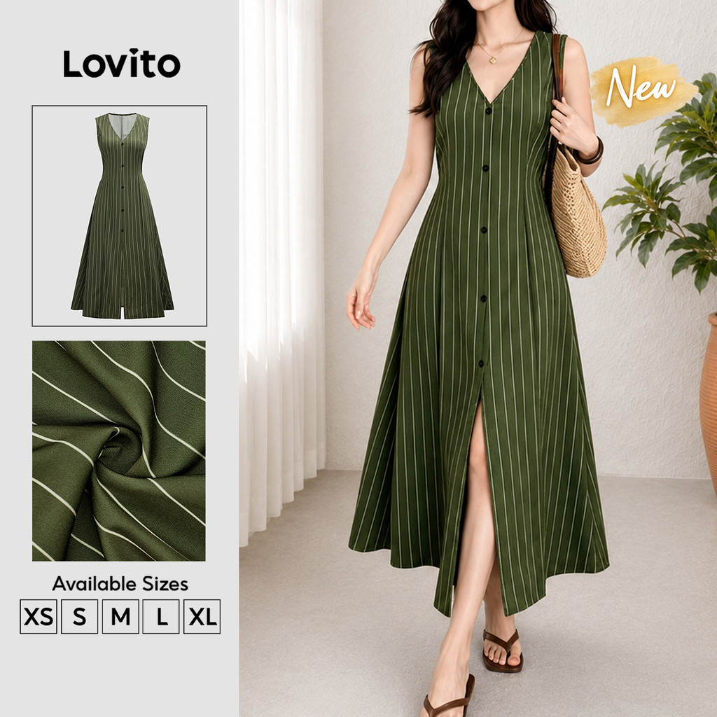 (New Arrival) Lovito Elegante Vestido Longo Evase Listrado Botão Fenda Nó Traseiro Primavera Verão Trabalho Verde Para Mulheres DRB205P2D286