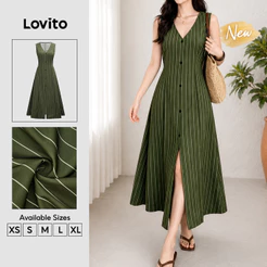 (New Arrival) Lovito Elegante Vestido Longo Evase Listrado Botão Fenda Nó Traseiro Primavera Verão Trabalho Verde Para Mulheres DRB205P2D286