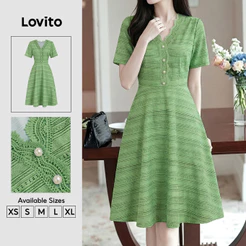 Lovito Vestido Elegante com Babado No Pescoço Casual e Simples Vestido Verde para mulheres DRK8P2D893