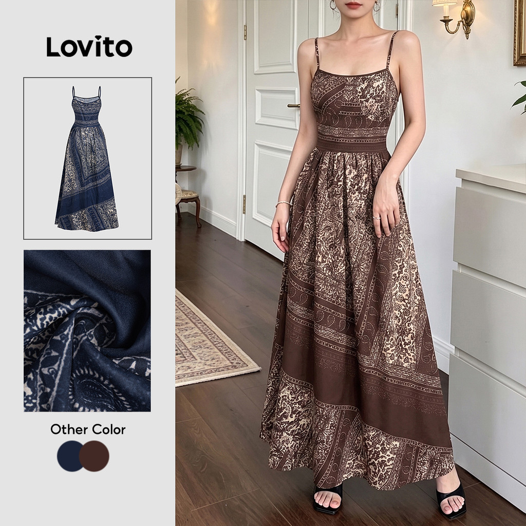 (New Arrival) Lovito Vestido Boho com Zíper e Drapagem Estampa Floral para Primavera/Verão L197AD113